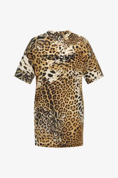Roberto Cavalli Abiti Donna Naturale Qualità Abito T-Shirt Stampa Leopard