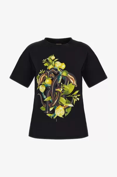 Nero_191101 Uscita Roberto Cavalli Donna T-Shirt Con Stampa Limoni E Snake T-Shirt