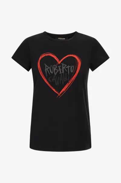 Roberto Cavalli T-Shirt Nero_191101 Donna T-Shirt Con Cuore E Logo Accessibile