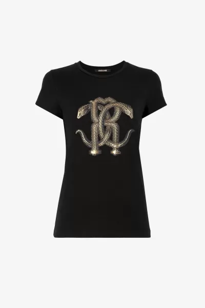 T-Shirt Donna T-Shirt Con Monogram Mirror Snake Offerta Speciale Nero/Oro Roberto Cavalli