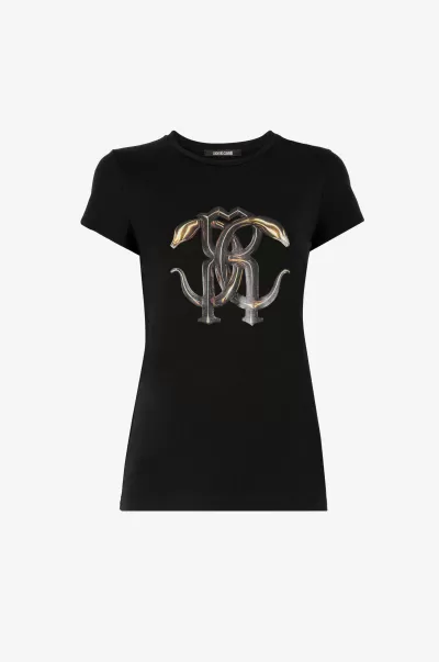 T-Shirt Con Monogram Mirror Snake Nero/Oro T-Shirt Donna Uscita Roberto Cavalli