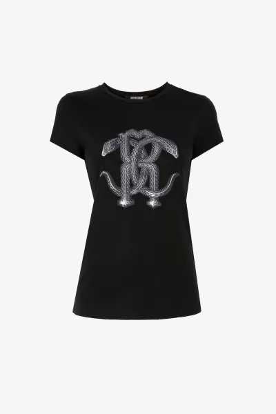 Donna Italia T-Shirt T-Shirt Con Monogram Mirror Snake Nero/Argento Roberto Cavalli