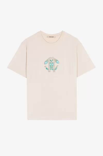 Ivory Donna T-Shirt Con Monogram Mirror Snake Roberto Cavalli T-Shirt Popolarità