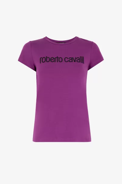 Donna Qualità Purple T-Shirt Roberto Cavalli T-Shirt Con Logo Ricamato