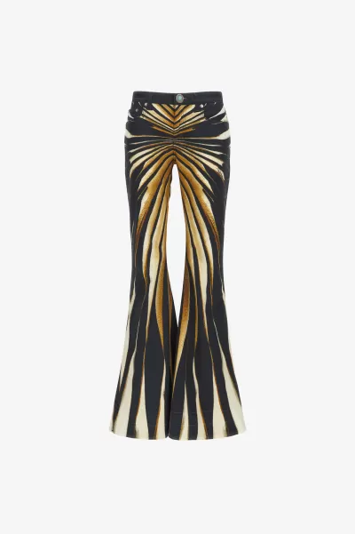 Donna Roberto Cavalli Giallo_Sen In Linea Jeans A Zampa Stampa Ray Of Gold Pantaloni E Shorts
