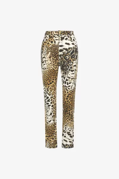 Jeans Slim Con Stampa Leopard Pantaloni E Shorts Roberto Cavalli Naturale Donna Punto Vendita