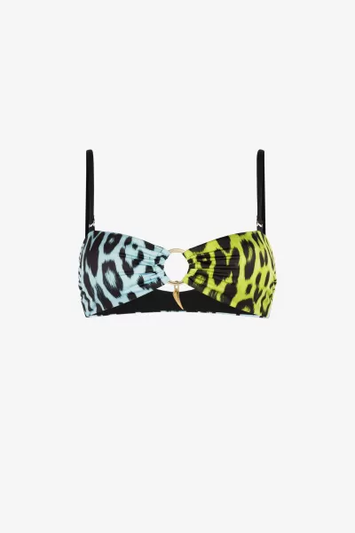 Donna Roberto Cavalli Abbigliamento Mare Lime Sconto Top Bikini Con Stampa Jaguar