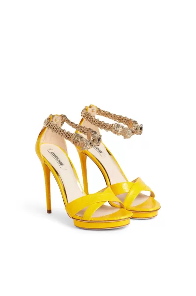 Sandali Roberto Cavalli Panther Head Bracelet Snakeskin Sandals Yellow/Gold Donna Offerta Speciale