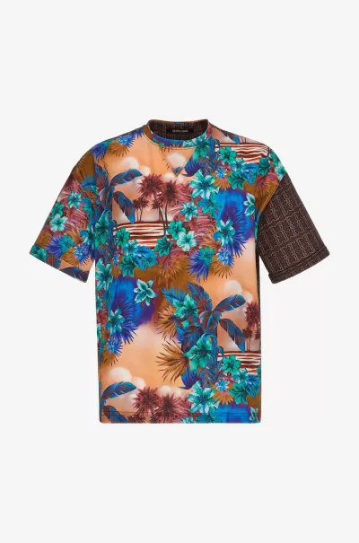 T-Shirt E Polo T-Shirt Con Stampa Hawaii Uomo Orange/Multicolor Garantire Roberto Cavalli