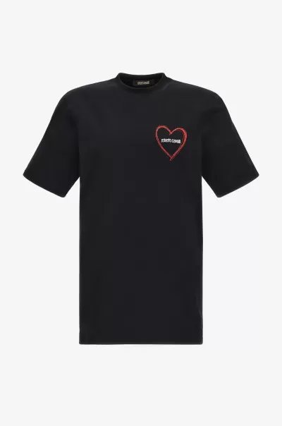 Uomo Black T-Shirt Con Cuore E Logo T-Shirt E Polo Roberto Cavalli Economico