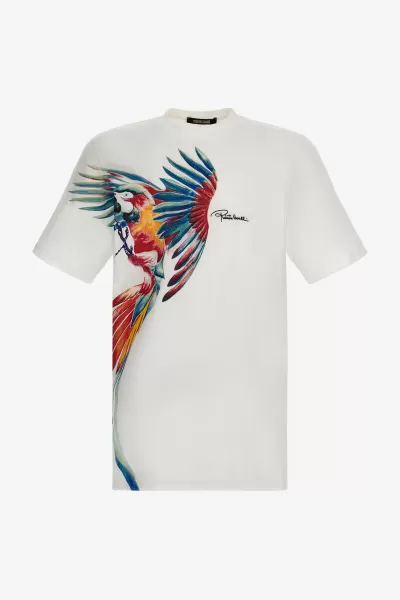 Uomo T-Shirt Con Firma E Pappagallo White T-Shirt E Polo Servizio Roberto Cavalli