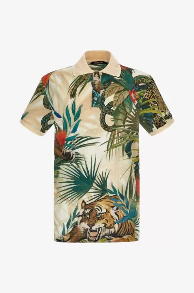 T-Shirt E Polo Roberto Cavalli Avorio/Multicolor Lussuoso Uomo Polo Stampa Jungle