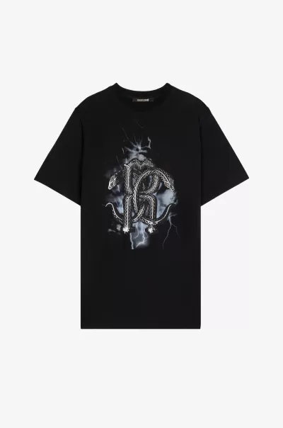 Uomo Black T-Shirt E Polo T-Shirt Con Monogram Mirror Snake Roberto Cavalli Spedizione