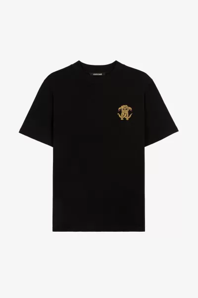 Garantire T-Shirt E Polo Uomo Roberto Cavalli Black T-Shirt Con Monogram Mirror Snake