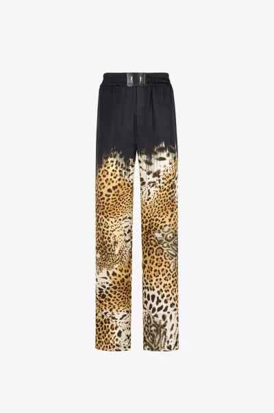 Black Pantaloni In Seta Con Stampa Leopard Moda Roberto Cavalli Pantaloni E Shorts Uomo
