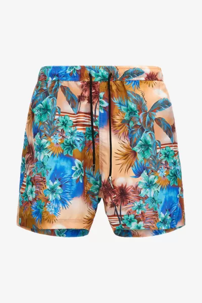 Abbigliamento Mare Economico Shorts Da Bagno Con Stampa Hawaii Uomo Orange/Multicolor Roberto Cavalli