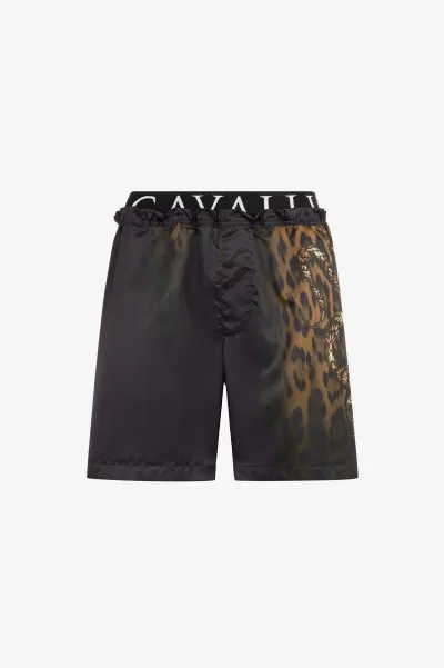 Roberto Cavalli Acquistare Abbigliamento Mare Shorts Da Bagno Con Stampa Jaguar E Snake Black Uomo