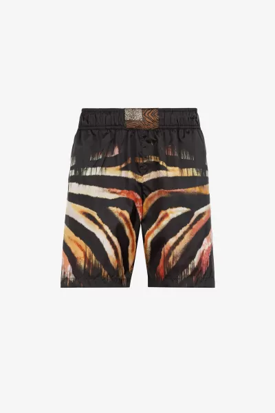 Shorts Da Bagno Con Stampa Tiger Abbigliamento Mare Fire/Black Roberto Cavalli Popolarità Uomo