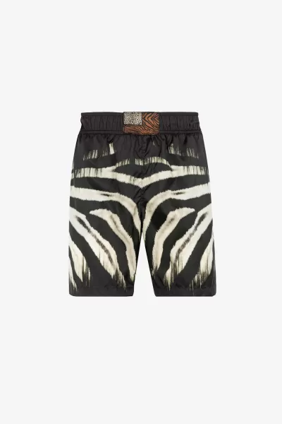 Roberto Cavalli Consegna Abbigliamento Mare Ivory/Black Uomo Shorts Da Bagno Con Stampa Tiger