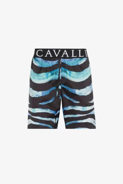 Shorts Da Bagno Con Stampa Zebra Abbigliamento Mare Blue/Black Ultimo Modello Uomo Roberto Cavalli
