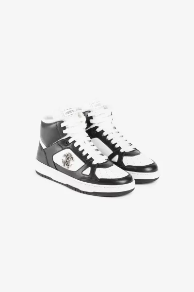 Nero/Bianco Sneakers Alte Con Monogram Mirror Snake Roberto Cavalli Uomo Offerta Speciale Sneaker