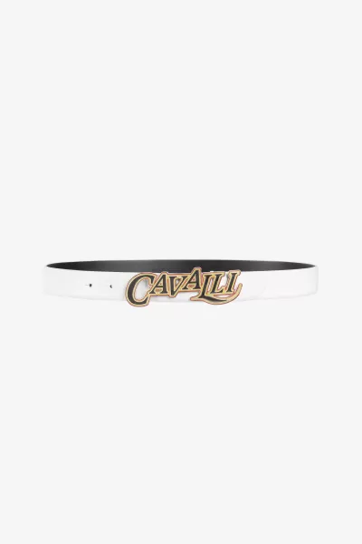 Uscita Uomo Cinture Cintura In Pelle Con Logo Roberto Cavalli Ivory