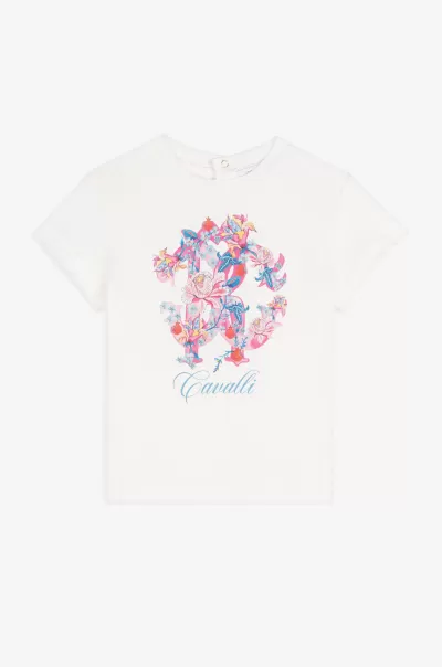 Milky_White 2024 Roberto Cavalli T-Shirt Con Monogram Rc Abbigliamento Bambino