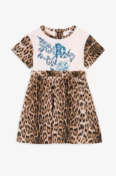 Abito Con Monogram Rc E Stampa Leopard Abbigliamento Bambino Natural/Pink In Linea Roberto Cavalli