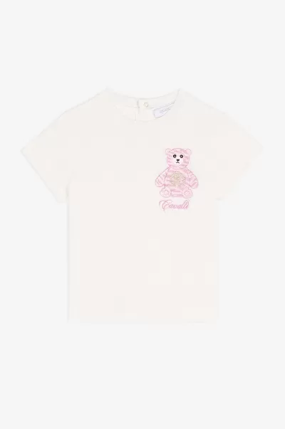 Roberto Cavalli Abbigliamento Milky_White Bambino Design T-Shirt Con Ricamo Teddy Bear