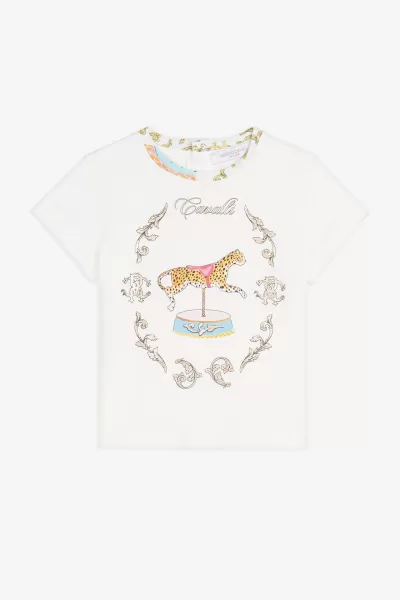 Bambino Milky_White T-Shirt Con Stampa Floreale E Carosello Abbigliamento Roberto Cavalli Lussuoso