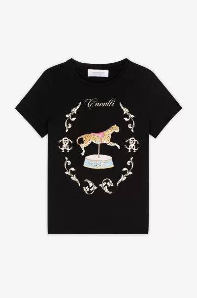 Abbigliamento Black T-Shirt Con Stampa Floreale E Carosello Bambino Popolarità Roberto Cavalli