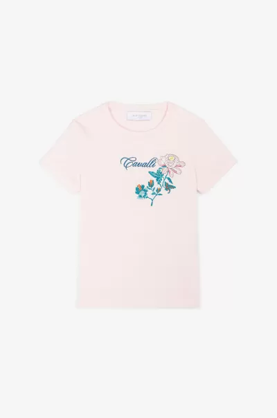 T-Shirt Con Ricamo Floreale Bambino Abbigliamento Baby_Pink Moda Roberto Cavalli