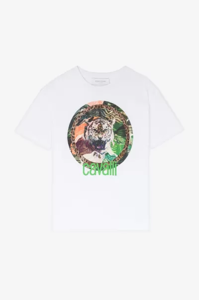 T-Shirt Con Stampa Tiger Economico Roberto Cavalli Optical_White Abbigliamento Bambino